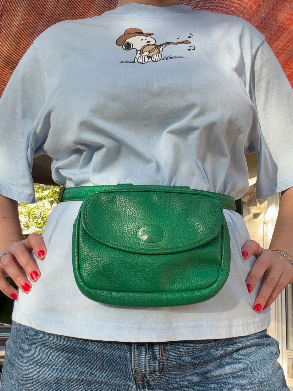 Vintage Longchamp Paris Emerald Green Leather Belt Bag Made In France